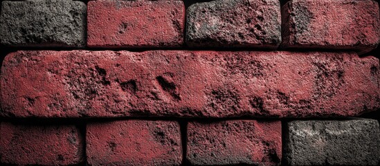 Close-up view of a brick wall, featuring a mix of deep red and dark gray bricks.?The texture is rough, with visible imperfections and markings, creating a rustic appearance