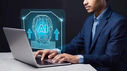 Businessman typing on laptop with futuristic A I head hologram and upward arrows symbolizing 4K Ai HD video.	
 - Powered by Adobe