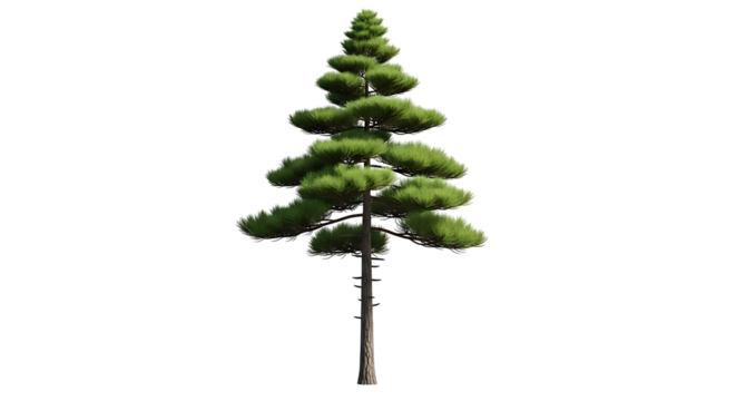 A majestic evergreen tree stands tall against a pristine white background.