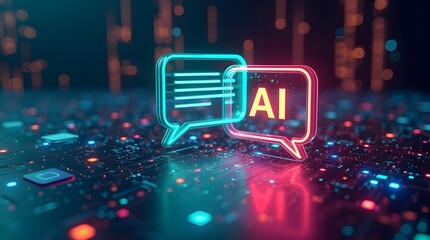 Futuristic AI chatbot interface with glowing digital speech bubbles, artificial intelligence communication technology, virtual assistant concept, machine learning and modern data network background