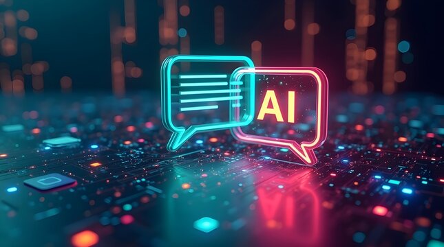 Futuristic AI chatbot interface with glowing digital speech bubbles, artificial intelligence communication technology, virtual assistant concept, machine learning and modern data network background