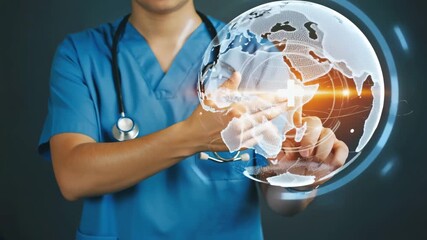 Doctor touching holographic globe with medical cross overlay digital healthcare technology future 4K Ai HD video.
- Powered by Adobe