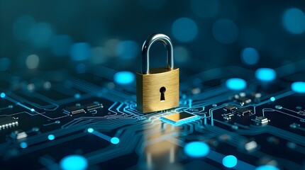 Cybersecurity data protection concept showing golden padlock on digital circuit board, symbolizing online privacy, secure network access, encryption, and modern information safety technology
