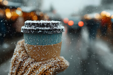 A gloved hand holding a coffee cup covered in snow with blurred city lights in the background scene outdoors