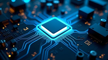 Futuristic glowing processor on electronic motherboard, modern computer chip with blue light circuits, advanced digital technology background, innovation and high performance computing concept