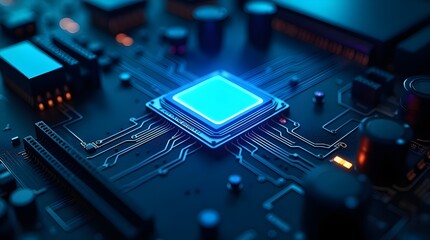 High tech glowing blue processor on electronic motherboard, futuristic digital circuit background symbolizing data processing, computing innovation, ai technology and cyber network system