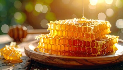 Close-up of fresh, golden honeycomb stacked on a wooden plate, with honey dripping and a blurred background of green foliage and bokeh lights.