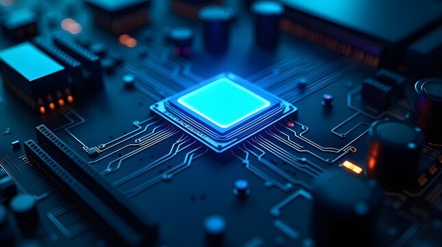 High tech glowing blue processor on electronic motherboard, futuristic digital circuit background symbolizing data processing, computing innovation, ai technology and cyber network system
