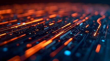 Futuristic glowing orange digital circuit board background symbolizing data flow, high speed connectivity, computer technology, innovation, artificial intelligence, and cyber network systems