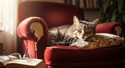Cute young tabby kitten sleeping on a sofa, An older, wise-looking cat with a graying muzzle, snoozing in a favorite armchair, national cat lover's month
