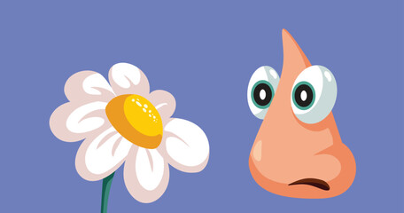 Funny Nose Smelling a Flower Vector Cartoon Characters. Nose mascot sensing a floral scent during springtime 