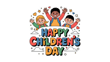 Cute diverse school kids waving with backpacks celebrating Happy Children’s Day on white background