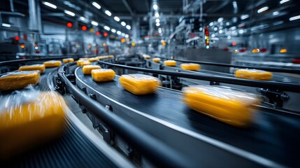 Rows of wrapped food products move along a stainless steel conveyor belt in a modern factory, with motion blur indicating speed and efficiency.
