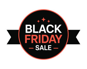 Obraz premium Black Friday Sale Round Badge: Ribbon Banner, Discount Label, and Star Icons Vector.