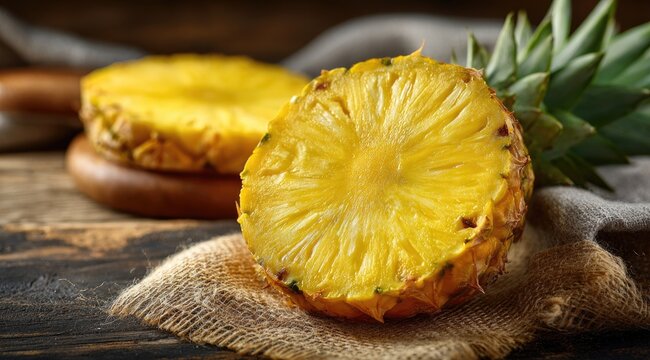 Two halves of a ripe pineapple, vibrant yellow flesh, resting on a rustic wooden surface