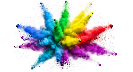 A vibrant explosion of rainbow colored powder on a clean white background.