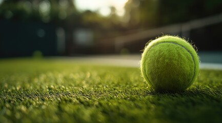 Tennis ball on court grass at sunset
