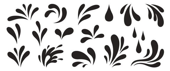 Black water splash and splatters silhouettes with different shapes. Various drops collection. Vector illustration in flat style on white background.