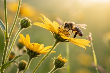 Bee collecting nectar from yellow flower in sunny daylight