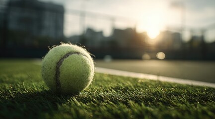 Tennis ball resting on green grass at sunset, urban background