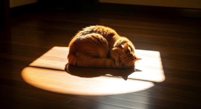 A cat napping in a beam of sunlight that creates a perfect, glowing spotlight on a dark wood floor, national cat lover's month