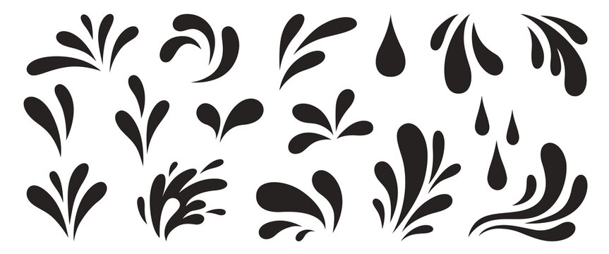 Black water splash and splatters silhouettes with different shapes. Various drops collection. Vector illustration in flat style on white background.