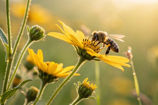Bee collecting nectar from yellow flower in sunny daylight