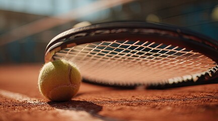 Tennis ball and racket on court, sunlight