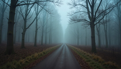 Mysterious foggy road through a barren forest with bare trees creating an eerie atmosphere