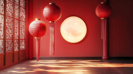 Traditional Chinese Interior with Red Lanterns and Full Moon Window