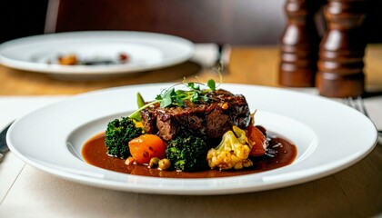 A beautifully plated steak dinner featuring a thick cut of beef, broccoli, cauliflower, carrots, and peas in a savory sauce, garnished with microgreens.