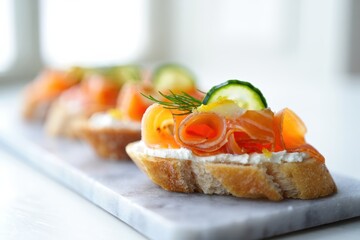 Delicious smoked salmon bruschetta topped with fresh cucumber and dill