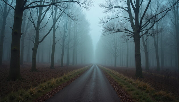 Mysterious foggy road through a barren forest with bare trees creating an eerie atmosphere