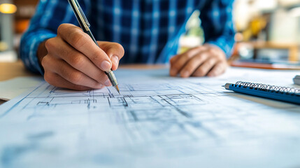 Designer’s hand sketching on paper, pen in motion, symbolizing creativity, focus, innovation, craftsmanship, and the artistic process in a detailed, realistic workspace.
