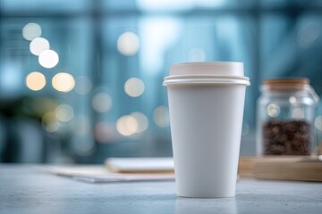 White disposable coffee cup on a table, blurred city background