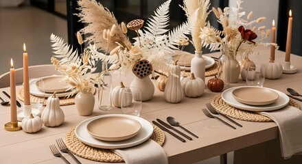 Elegant autumn dining arrangement with cream and white pumpkins