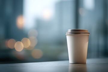 Empty disposable coffee cup on a table, city view