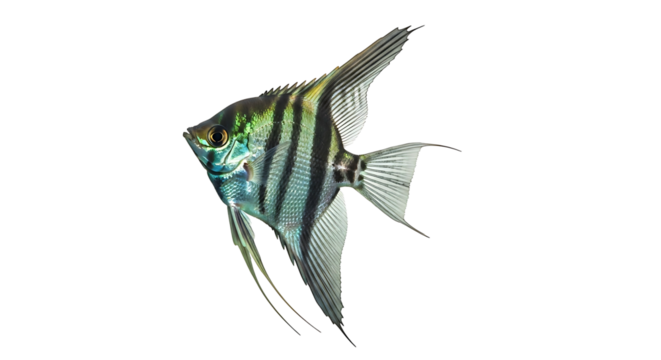 Angelfish swimming in clear water with white background.