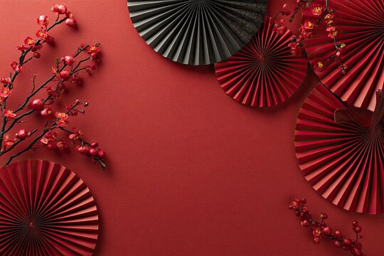 Red background adorned with paper fans and plum blossoms