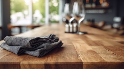 Stack of gray cloth napkins on a light brown wooden bar counter in a cafe.  Blurred background shows cafe interior with natural light