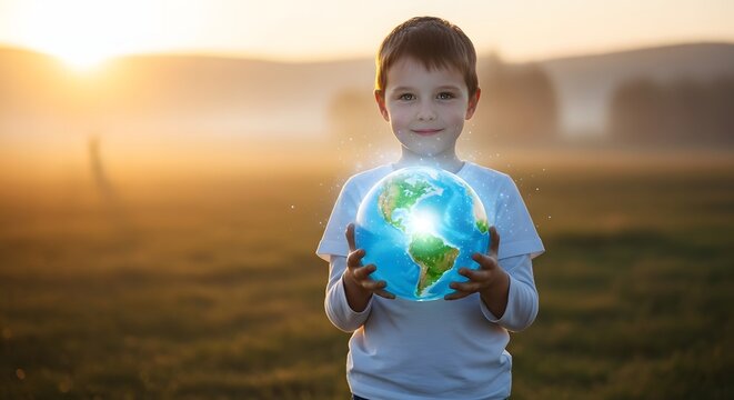 Boy holding glowing Earth globe at sunset dreams of future - Powered by Adobe