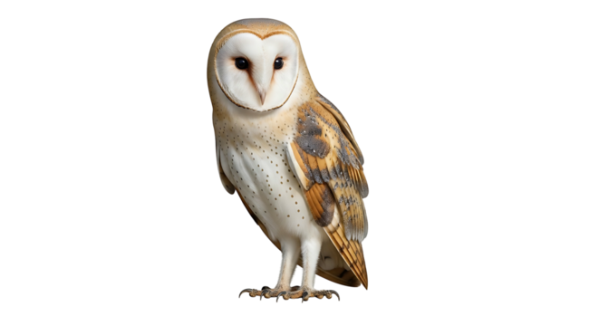 Barn Owl Standing Alert on White Background.