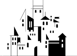 Whimsical cityscape illustration evoking storybook charm and architectural fantasy, perfect for children's books or creative design projects with a unique flair