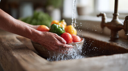 Fresh produce preparation. Colorful vegetables being washed under running water in a rustic, wooden sink. Focus on health, cleanliness, and natural ingredients.