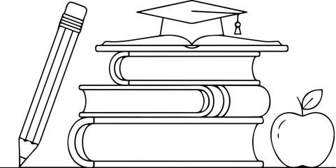 Back to school illustration with books, pencil, apple, and graduation cap ready for your creative designs and educational projects for teachers and students