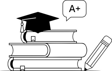 Achieving academic success with books and graduation cap, a plus grade for education excellence, perfect learning illustration for school promotions