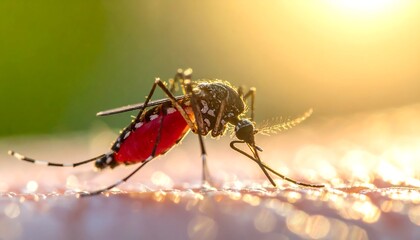 Macro shot of a mosquito feeding, illuminated by the warm sunlight