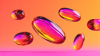Floating, vibrant, translucent pills in warm colors