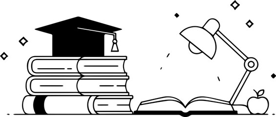 Inspiring education scene with books, graduation cap, and lamp, perfect for back-to-school designs or motivational content, originally a vector graphic