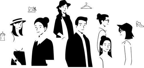 Stylish diverse group, a modern, trendy crowd enjoying fashion shopping, vector art for fashion blogs, editorial use and chic design projects